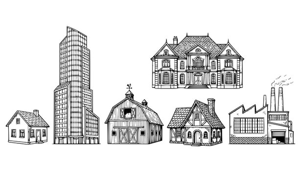 Hand Drawn Building Vector Set with House Skyscraper Barn Mansion Cottage and Factory
