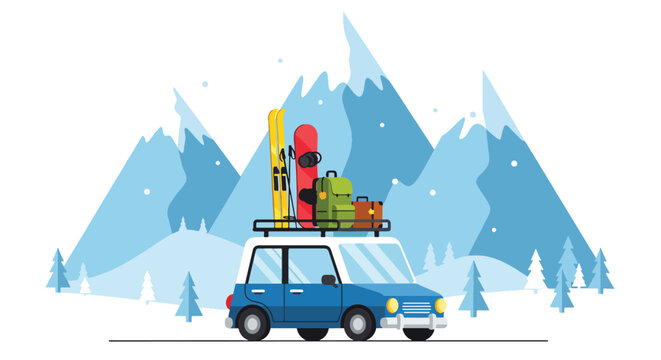 Blue pickup truck driving through snowy mountain pass.