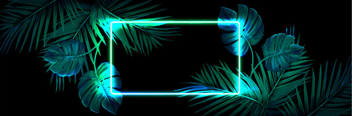 Neon jungle frame with tropical palm leaves on black background. Vector realistic illustration of glowing rectangle border and summer plants, nightclub DJ party flyer, beach event poster backdrop © klyaksun