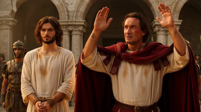 Pontius Pilate judging Jesus Christ in ancient Jerusalem. Biblical scene with Roman soldiers and bound prisoner. Historical religious drama