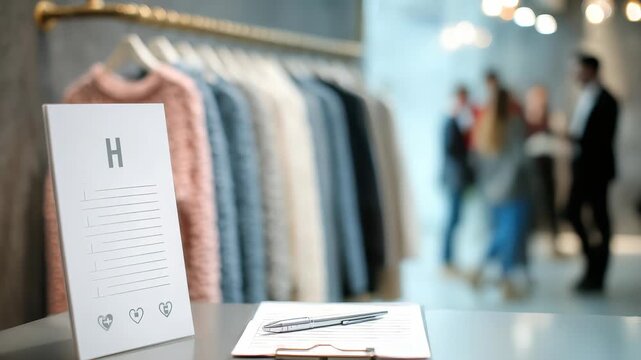 Modern clothing boutique interior with stylish garments hanging on a rack and a blank sign on the counter. Soft lighting and blurred people in the background create a trendy shopping atmosphere
