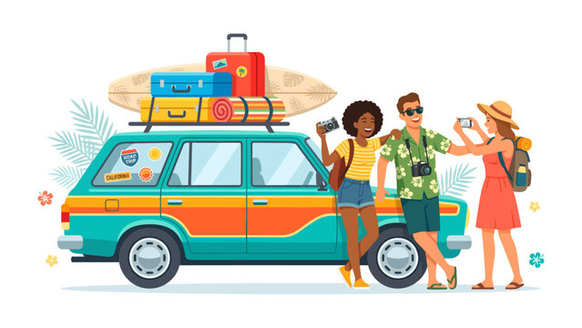 Road Trip Adventure: A vibrant illustration of a diverse group of friends embarking on a summer road trip, with luggage and surfboards loaded onto a vintage car.