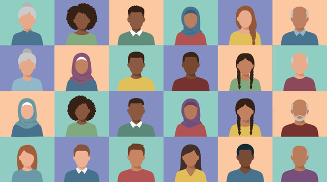 Diverse people avatars grid representing community, online connection, and multiculturalism