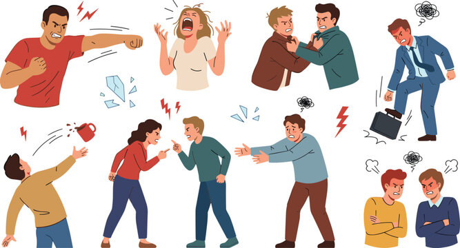Angry People Arguing, Workplace Conflict, Aggressive Behavior, and Emotional Stress Vector Illustration Set with Fighting and Frustration Concepts