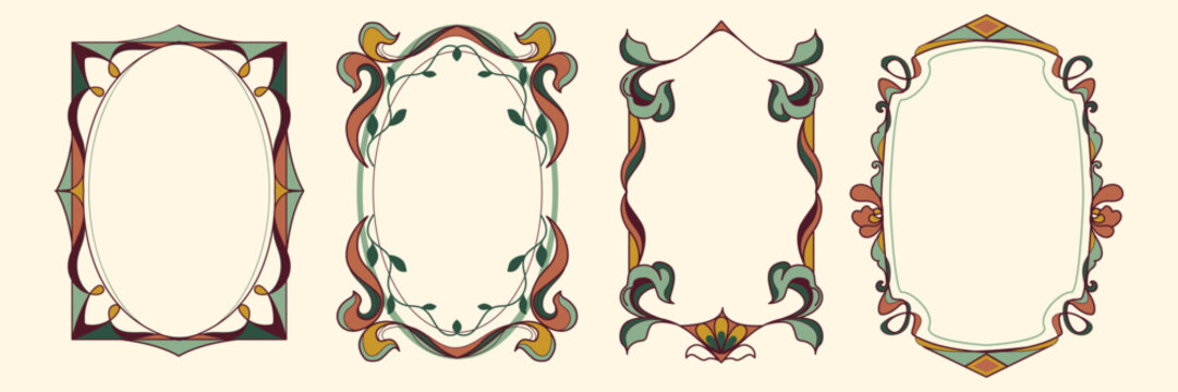 Art nouveau vintage borders with floral ornament and elegant curves motif. Vector illustration of art deco frame design for retro books, invitations, cards, decorative pattern for typography projects