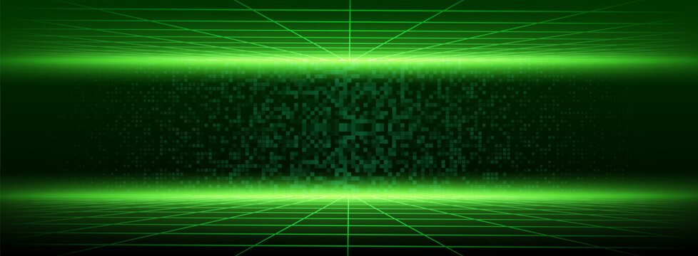 Futuristic neon grid floor with glowing green lines, pixels and perspective, abstract vector background with speed effect. Digital matrix texture with laser beams and cyberpunk design