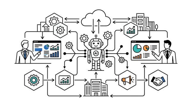 Ai Workflow for Business Process Automation Illustration Featuring Robot Managers and Data Analysis Displays Optimizing Workflows