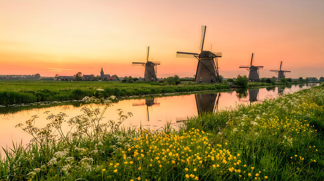 Scenic dutch windmills at sunset reflecting in a canal