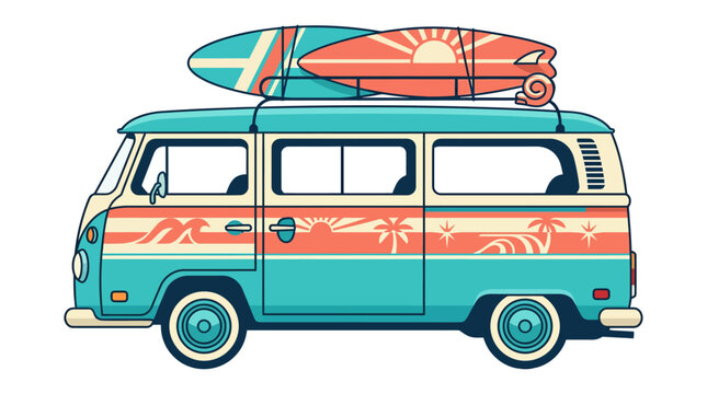 Retro Surf Van Vector Illustration of a Classic Campervan with Surfboards on Top Against a White Background