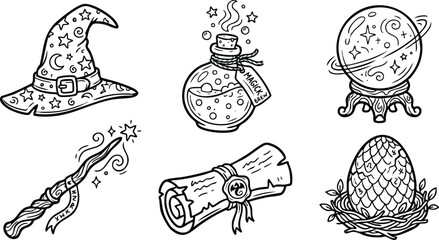 Obraz premium Magical Fantasy Objects Line Art Vector Icon Set