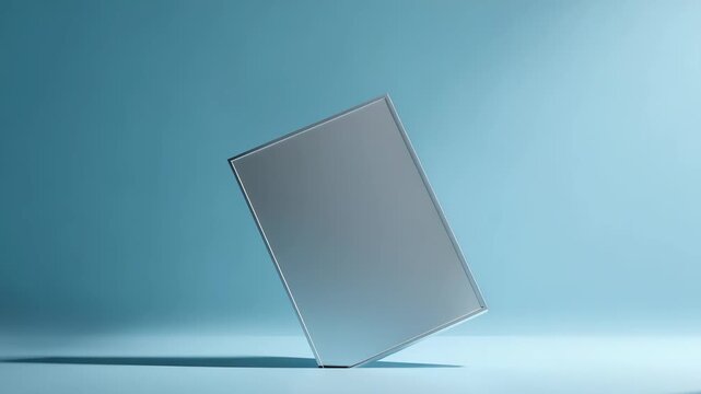Minimalistic blank white frame floating in mid air against a pastel blue background, casting a soft shadow on the surface below. Modern abstract concept for creative design presentations