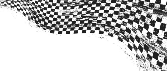 Finish racing flag pattern with checkered design and grunge scratched texture, realistic vector background. Dynamic car race border with bold black and white checker elements for sport event banner © klyaksun