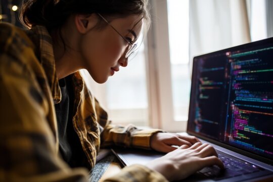 Focused woman codes on laptop near window