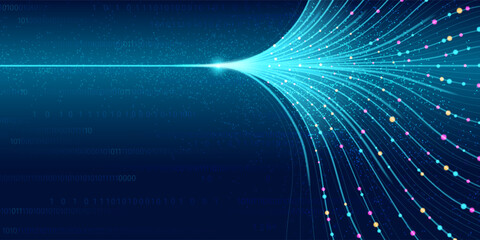 Naklejka na ściany i meble Abstract tech background with data flow network. Vector realistic illustration of neon blue line connection, AI algorithm pattern, digital technology, computer data analysis, information stream