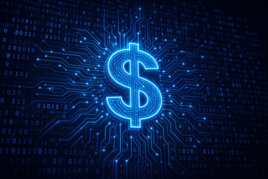 Digital dollar sign glowing on circuit board with binary code dark blue background cryptocurrency finance technology concept electronic currency symbol on motherboard