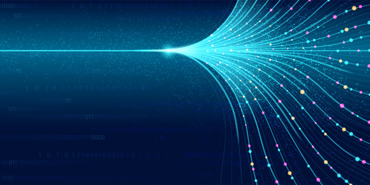Abstract tech background with data flow network. Vector realistic illustration of neon blue line connection, AI algorithm pattern, digital technology, computer data analysis, information stream