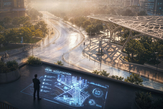 Heat Adaptation holographic blueprint over futuristic solar-reflective road and lattice canopy public shade architecture with urban planner silhouette at golden hour