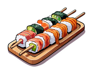 sushi maki rolls served on elegant wooden platter board delicious traditional asian cuisine gourmet fresh tasty culinary authentic restaurant menu - Vector Illustration © powdesign