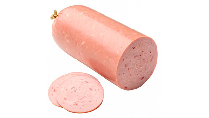 Whole bologna sausage with single round cut slice isolated on transparent background © Roksana