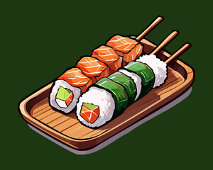 salmon sushi rolls skewers with green cucumber slices delicious traditional asian cuisine gourmet fresh tasty culinary authentic restaurant menu - Vector Illustration © powdesign