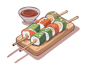 fresh green cucumber maki sushi rolls with soy sauce bowl delicious traditional asian cuisine gourmet fresh tasty culinary authentic restaurant menu - Vector Illustration © powdesign