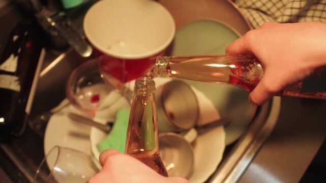 Person pouring leftover alcohol from a glass bottle into a kitchen sink after a party. Concept of quitting drinking, sobriety, healthy lifestyle and alcohol-free living. High quality 4k footage