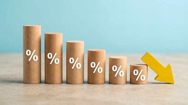 Financial Decline: Wooden Blocks with Percent Signs and Downward Arrow