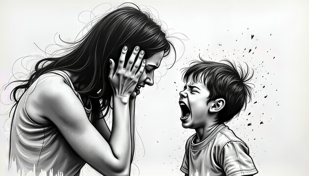 A mother covers her ears while her child screams. Dark, muted tones convey the tension and sadness of a toddler&rsquo;s tantrum and three ears old crisis 