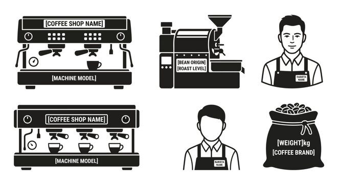 Comprehensive vector illustration set featuring essential coffee shop elements like espresso machines, bean roasters, professional baristas, and coffee bags, ideal for cafe branding and menu design