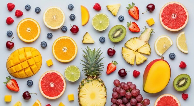 Assorted colorful fruits overhead view