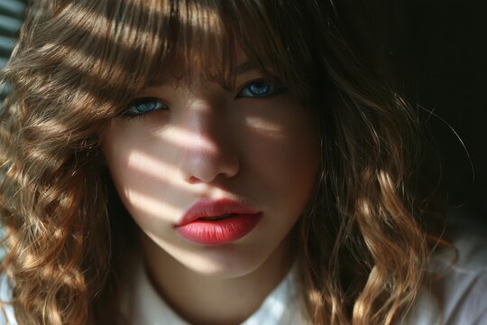 close up portrait of  young woman with wavy brown hair and piercing blue eyes