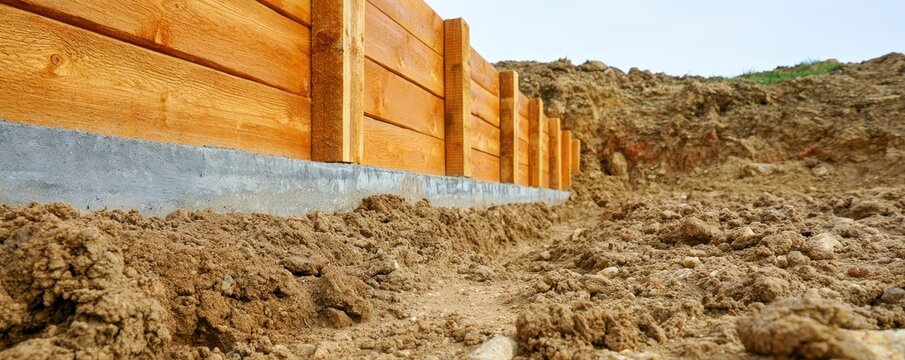 sturdy wooden retaining wall built on  concrete foundation next to an excavated earth trench