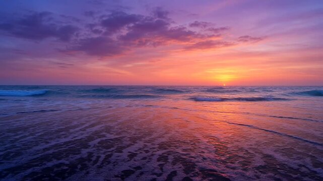 Vibrant sunset over ocean waves hitting wet sand, reflecting colorful sky, representing tranquility, serenity, nature, horizon, peace, vastness and calm landscape