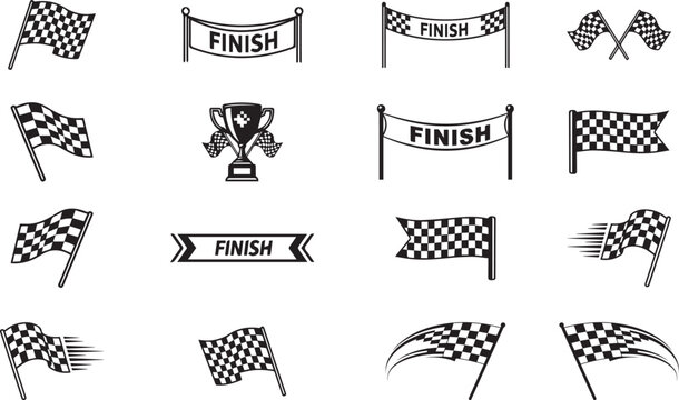 Racing finish line icon set, checkered flag vector symbols in black and white, motorsport winner trophy badges for design