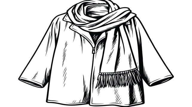 Warm winter coat and scarf set outline sketch outerwear clothing accessory
