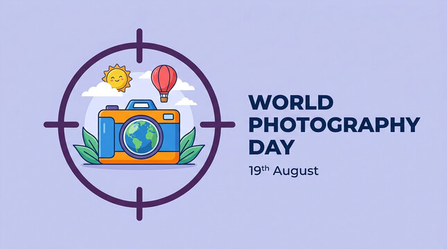 A colorful vector graphic celebrating World Photography Day featuring a camera with a globe lens