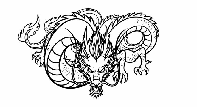 Intricate dragon illustration in black and white against a plain background