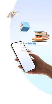 Hand holding smartphone with smart learning search and flying books. Concept of digital reading services, online education banners, study app marketing, and remote learning access.