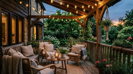 Fototapeta premium Cozy wooden patio with warm lighting, wicker furniture, and lush garden backdrop on a quiet evening