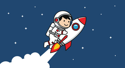 Naklejka premium Astronaut in spacesuit riding rocket through night sky with stars vector illustration