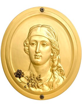 Ornate Golden Female Relief Portrait Mounted on Oval Plaque Against Gray Background