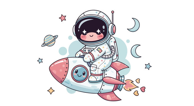 Astronaut in spacesuit riding rocket through space illustration