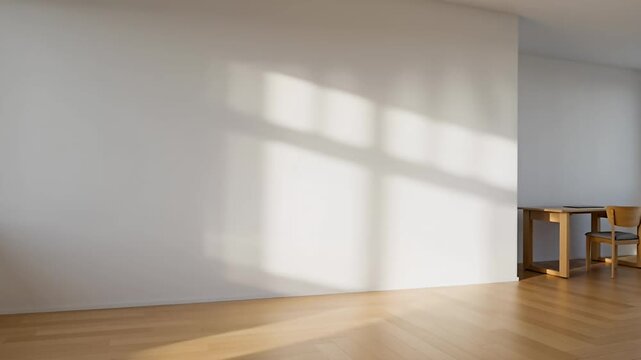 Minimalist white wall mockup, empty room interior, soft window shadows
