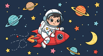 Fototapeta premium Astronaut in spacesuit soaring through starry night sky on red rocket