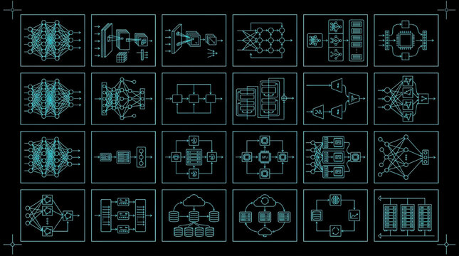 AI Infrastructure Neural Network CAD Icon Pack Blueprint Vector with Cloud Drive Backup and Deep Learning System Diagrams