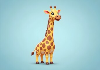 Obraz premium Cute yellow 3D giraffe cartoon icon with long neck, distinctive brown spots, round, clear, cheerful eyes, and an adorable, friendly smile, standing upright on a light blue background.