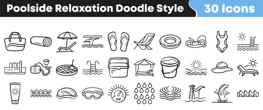 Hand drawn doodle icons representing summer vacation and poolside relaxation activities
