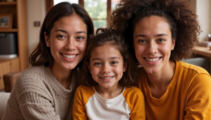 Fototapeta premium Smiling lesbian couple child at home, showing happy family bond. Diverse female parents with cheerful daughter represent modern family. Image lesbian couple child for inclusive parenting promotion.