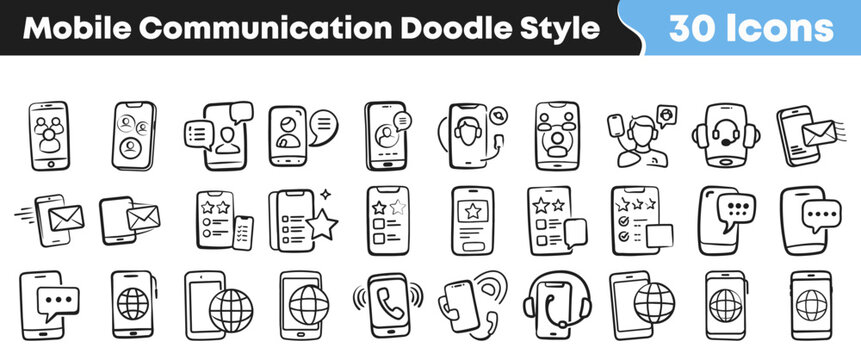 Hand drawn collection of mobile communication icons in doodle style