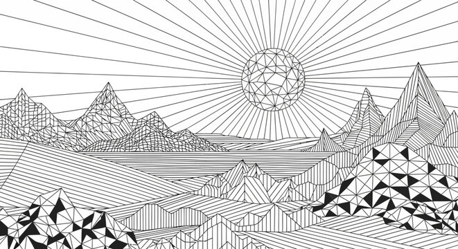 Geometric landscape illustration with sun and mountains in black and white